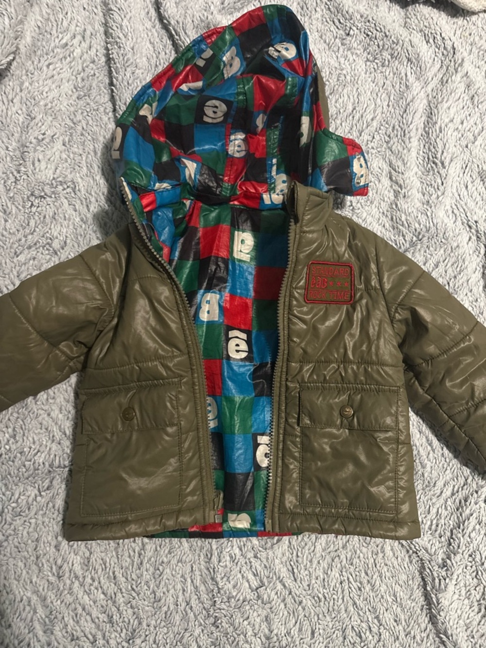 eab Reversible Kids Puffer Jacket Olive Green Colorful toddler size 2t-3t